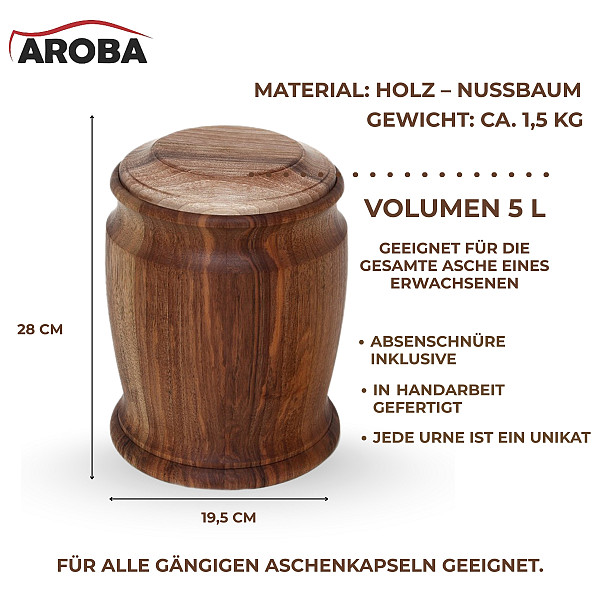 Handgefertigte Urne aus Walnussholz – 5 L Volumen für Menschliche Asche – Runde Natururne aus Massivholz – Nachhaltig, chemiefrei & stilvoll – Heimische Handarbeit