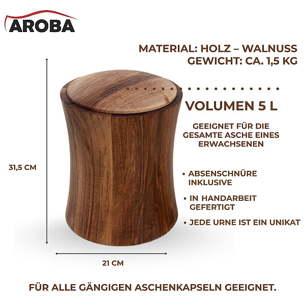 Handgefertigte Urne aus Walnussholz – 5 L Volumen für Menschliche Asche – Runde Natururne geeignet für Aschekapsel – Nachhaltig, chemiefrei & stilvoll – Heimische Handarbeit