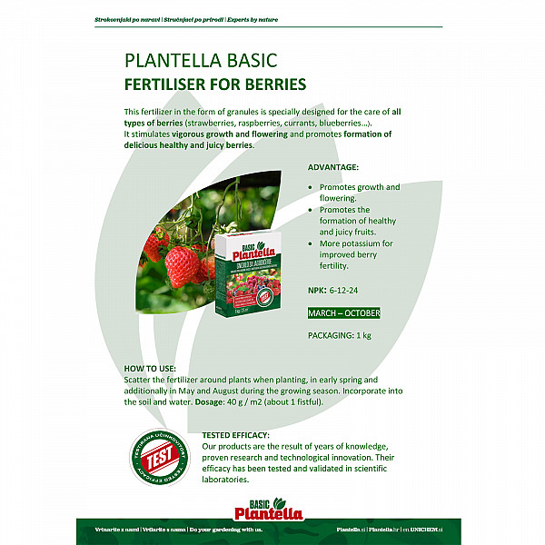 PLANTELLA Basic Berry Fertilizer 1Kg – Granules for Strawberries, Raspberries, Currants & Blueberries – Promotes Flowering, Fertility & Juicy Berries – With Potassium for Better Yields