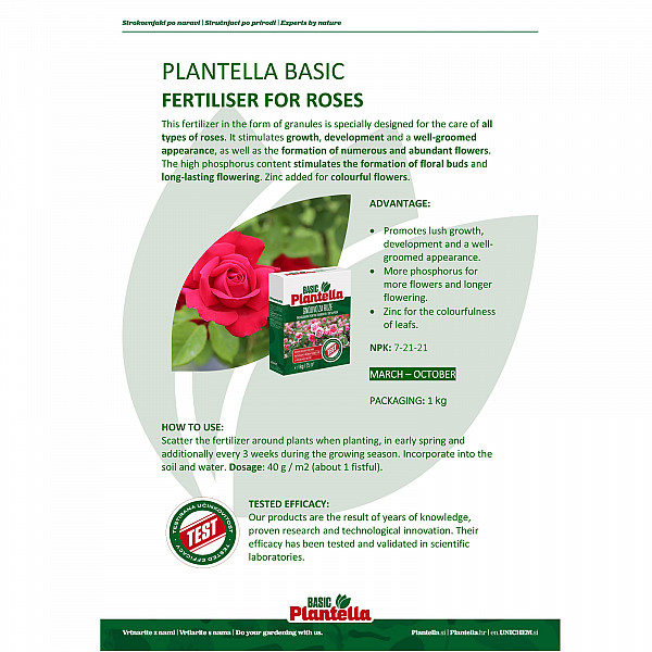 PLANTELLA Basic Rose Fertilizer 1Kg – Specialized Granular Fertilizer for Strong Rose Blooms & Healthy Growth – Long-Lasting Effect with Phosphorus & Zinc – Suitable for Bed, Potted & Climbing Roses