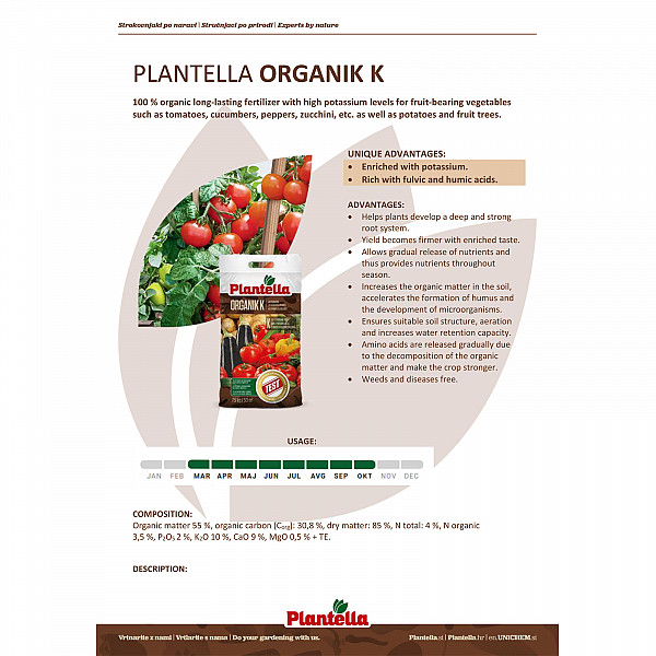 Organic Fertilizer for Vegetables & Fruits – PLANTELLA Organik K 20kg – Pellet Form with Potassium – 100% Organic with Long-Lasting Effect – Increases Yield by 30%