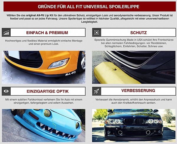 Original ALL-FIT LIP KIT Traditional ROT Universal Spoiler Lippe Frontspoiler Spoilerlippe Gummilippe Frontspoileraufsatz Spoileraufsatz Seitenschweller 3M - Größe Small