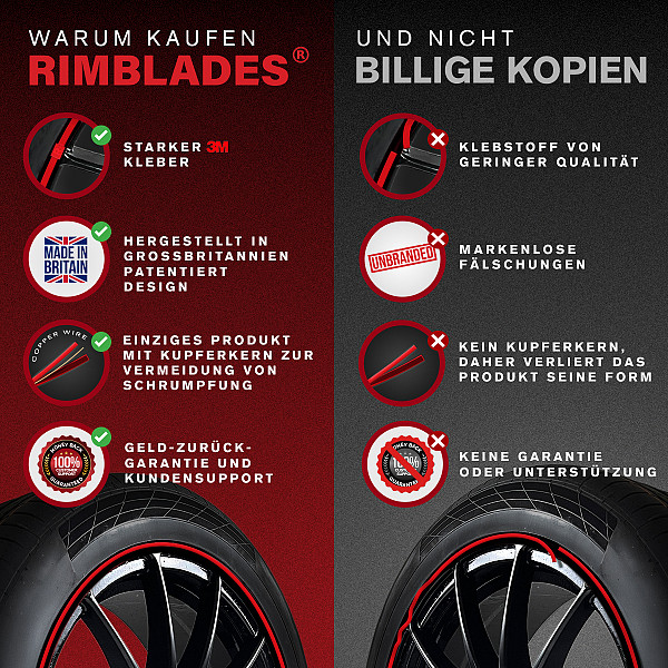 Rimsavers Rot universal FELGENSCHUTZ & STYLING- mit L Profil für Alu Felgen bis 24 Zoll- Felgenschutzring Alu Felgen Ringe Felgenrandaufkleber Felgenstyling Felgenhornschutz ROT