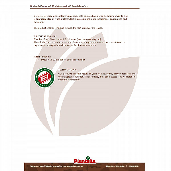 Universal Liquid Fertilizer PLANTELLA 1 Liter – For Optimal Growth and Abundant Bloom of All Plant Types